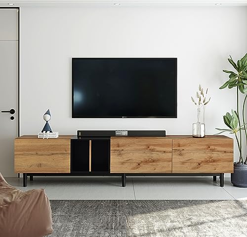 Modern TV Stand for 80'' TV with 3 Doors, TV Console Table, Media Console Table, Entertainment Center with Large Storage Cabinet for Living Room, Bedroom (Natural Wood)
