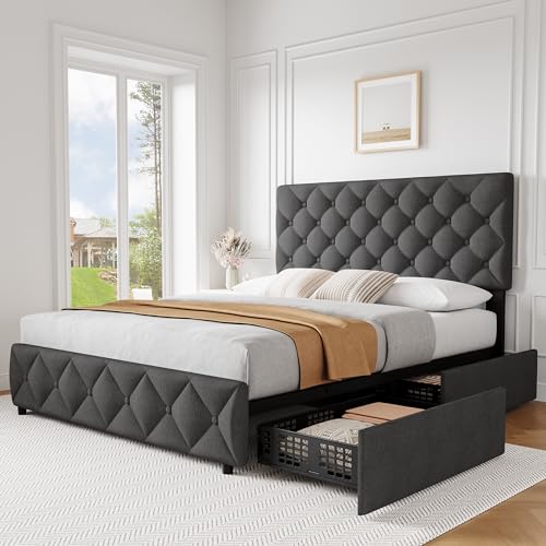 IDEALHOUSE Queen Size Bed Frame with 4 Storage Drawers and Headboard, Linen Upholstered Platform Bed Frame with Wooden Slats Support, Diamond Stitched Button Tufted, No Box Spring Needed, Dark Grey