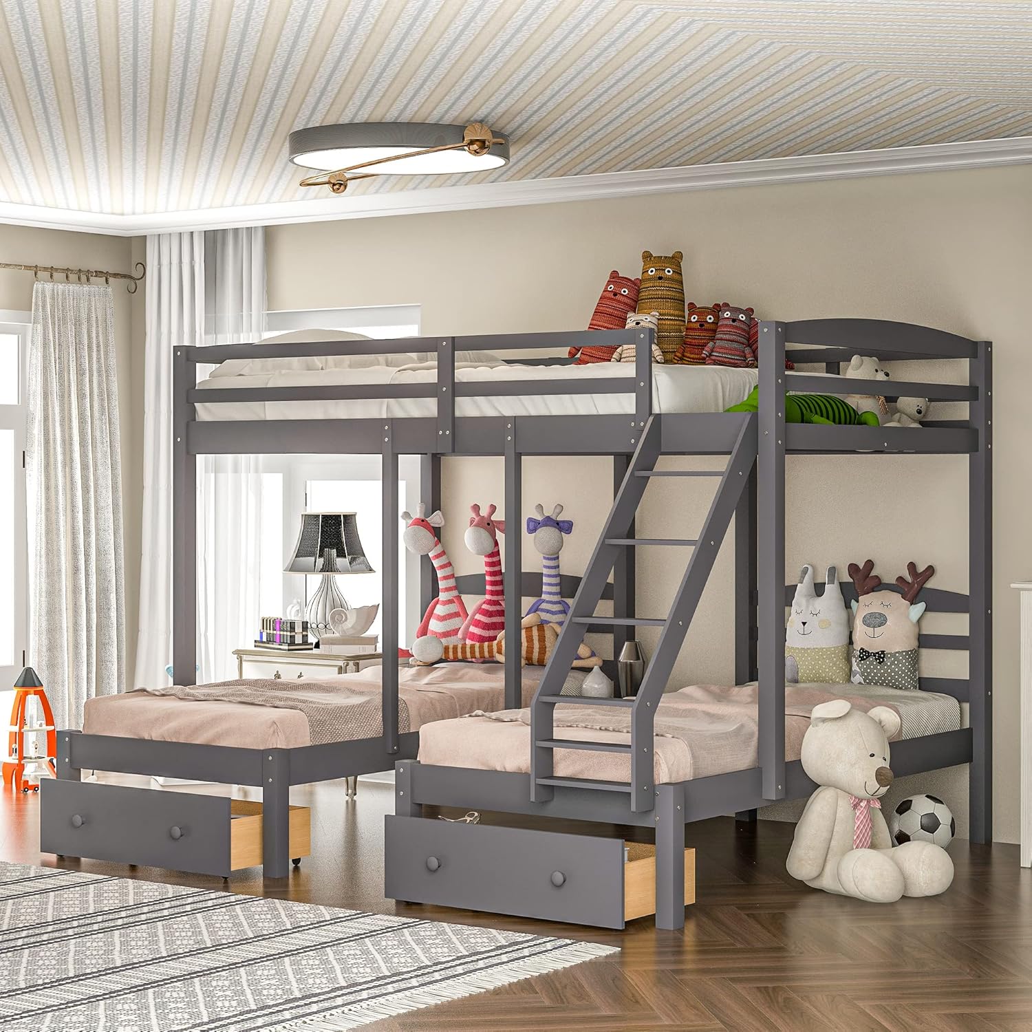 Full Over Twin & Twin Triple Bunk Bed with Storage Drawers, Wood Bedframes with Built-in Ladder for 3 Kids Teens Boys Girls, Gray