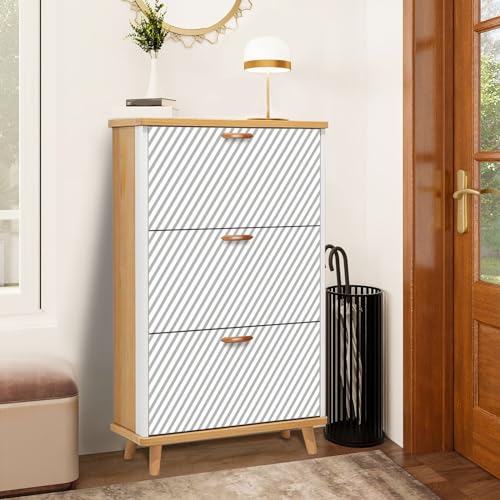 Shoe Storage Cabinet for Entryway Rounded Squares Black White Seamless Pattern Geometric Website 3 Flip Drawers Shoe Cabinet Hidden Rotating Wooden Shoe Rack Storage Organizer