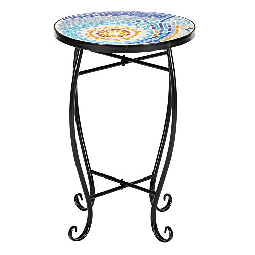 14”Outdoor Side Table,Blue Hawaiian Inlaid Color Glass Sun Mosaic Round Terrace Bistro Table, Small Mosaic Coffee End Table with Metal Frame for Garden, Patio,Balcony (Green Flower)