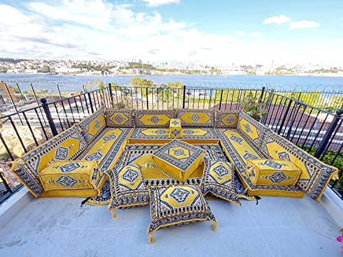 U Shaped Yellow Sectional Sofas, Floor Cushions, Arabic Floor Sofa Set, Garden Pallet Sofa, Arabic Majlis, Pouffs Turkish Floor Seating Set (U Sofas + Rug + Ottoman)
