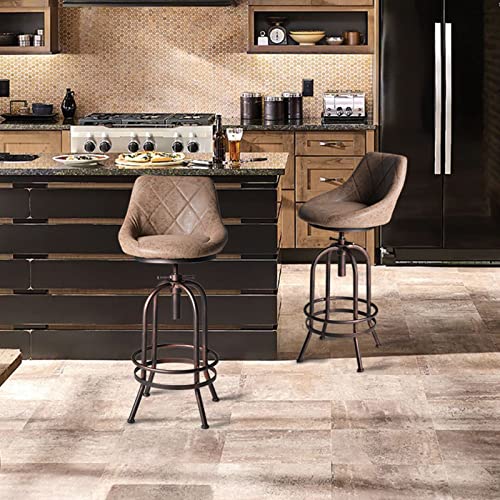 Industrial Bar Stool with Leather Backrest 26-32inch Height Adjustable Rustic Swivel Office Chairs Vintage Pub Stools for Kitchen Island Dining Room Living Room