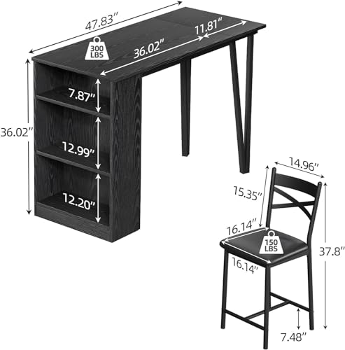 GAOMON Dining Table Set for 2, Kitchen Bar Table and Chairs for 2, 3-Piece Kitchen Table Set with 2 Upholstered Chairs, Expandable Counter Height Bar Table Set with 3 Storage Shelves, Black