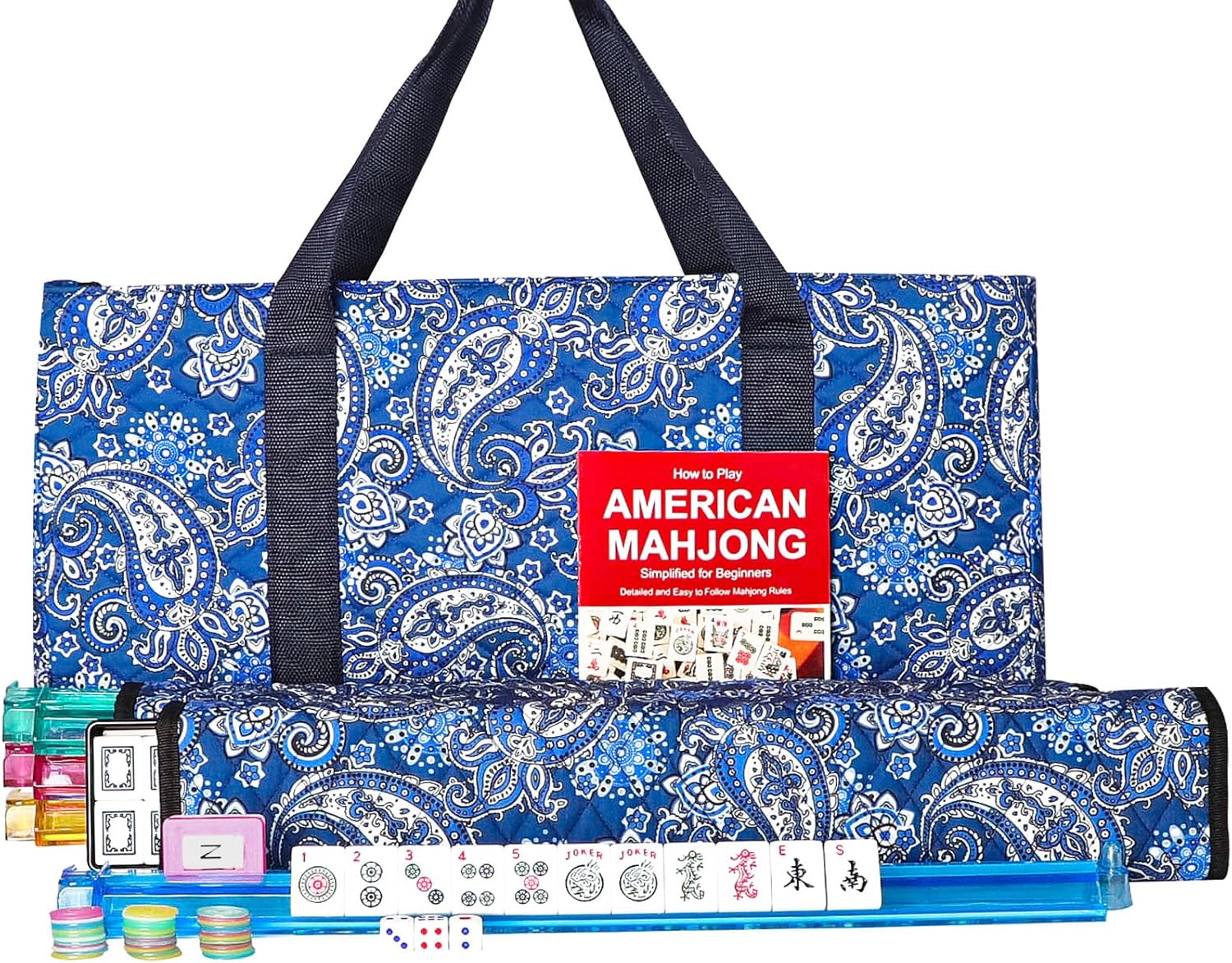 American Mahjong Game Set, 166 Premium White Tiles, 4 All-in-One Color Rack/Pushers, Complete Mahongg Tile Set，Large Mahjong Mat with Black Carrying Bag(Blue,31.5 inches)