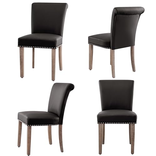 CHUN YI Faux Leather Dining Chairs Set of 2, Upholstered Dining Room Chair with Wood Legs, Mid Century Accent Dining Chairs with High Back for Living Room, Style2-Grey