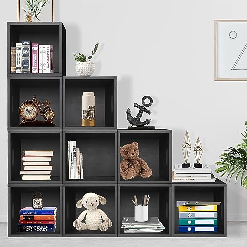 Y&ME YM Wood Storage Bins, Rustic Brown Decorative Wood Storage Box Wood Crates Container Cube Basket Bins Organizer for Home,Office,Closet,Shelf, 11” x 11” x 11”