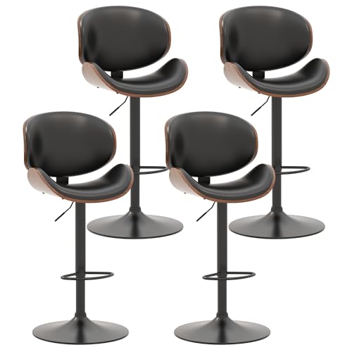 KCC Bar Stools Set of 2, Swivel Adjustable Height Barstools, PU Leather Upholstered Bar Chairs with Footrest, Bentwood Bar Stool for Kitchen, Bar, Dining Room(Brown PU)