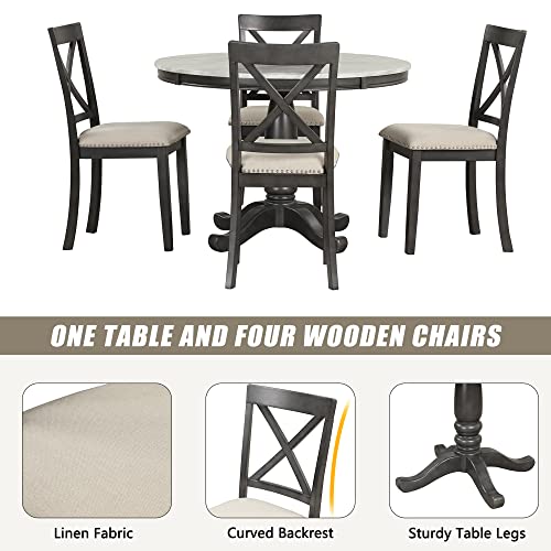 5 Pieces, Farmhouse Rustic Round 4 Chairs, Minimalist Style Solid Wood Table Set, for Dining Room, Kitchen, Gray, OneSize