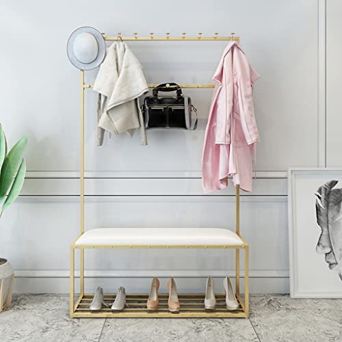 Coat Rack Shoe Bench Entryway Hall Tree Floor Drying Rack Wrought Iron Hallway Furniture With Hooks Storage Shelf Easy Assembly Clothing Store Home Bedroom (Color : Gold B, Size :