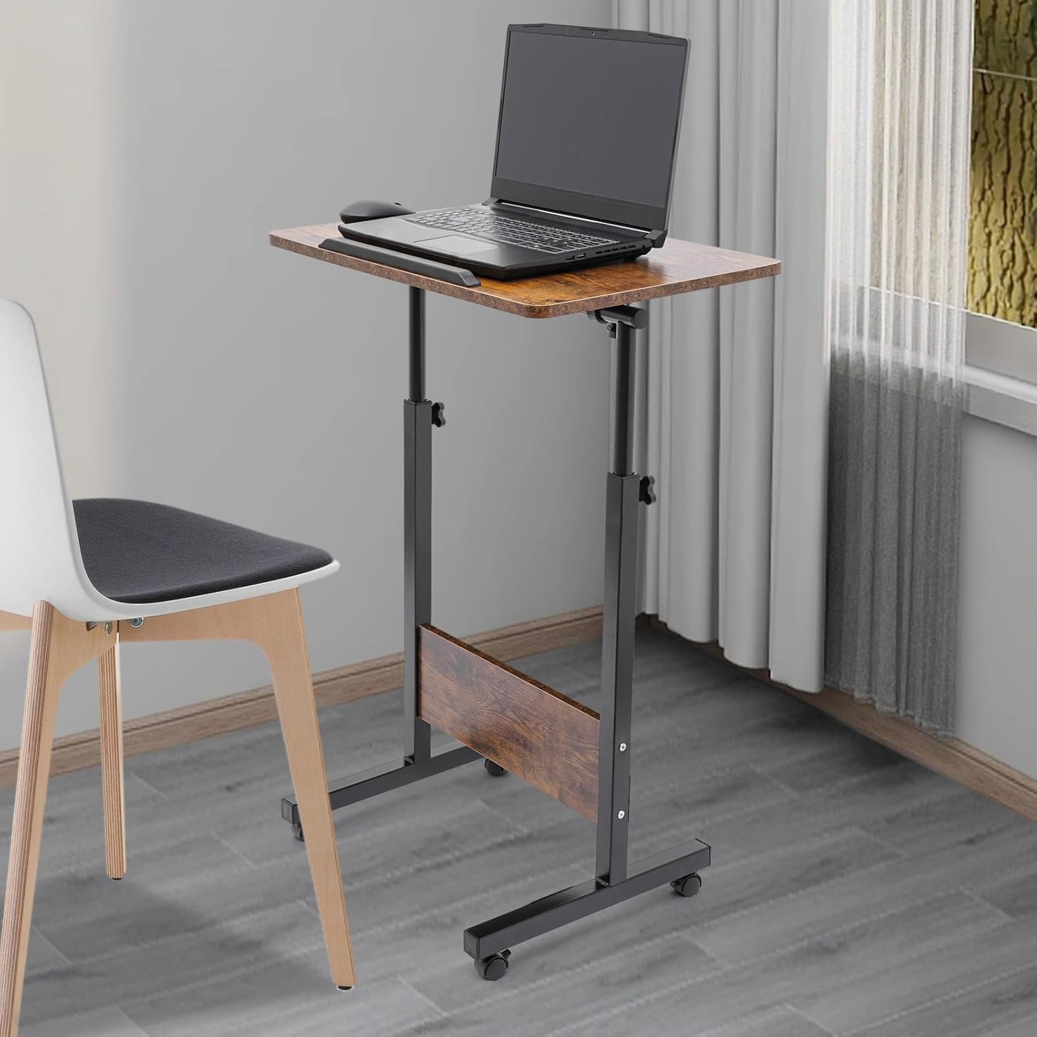 Standing Desk, Height Adjustable Rolling Laptop Car w/Wheel, Portable Tilting Desktop Lecterns&Podium w/Book Stopper, Simple Rectangular Computer Workstation, Restaurant Reception Service Table