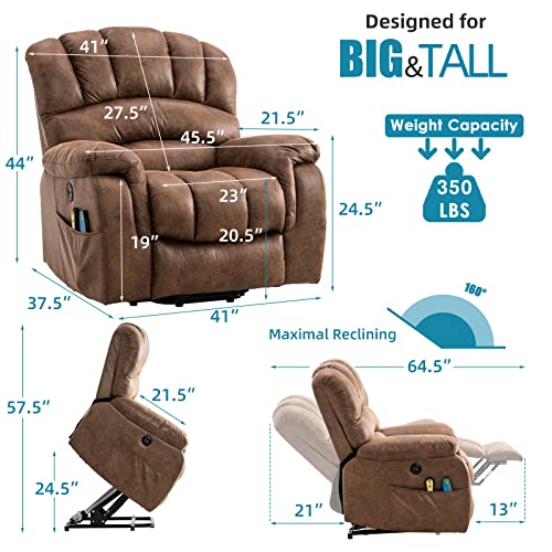 Large Power Lift Recliner Chair with Massage and Heat for Elderly Big Man, Extra Wide & Oversized Electric Recliner with 2 Remote Controls, 2 USB Ports & 2 Side Pockets, 350lbs Capacity (Brown)