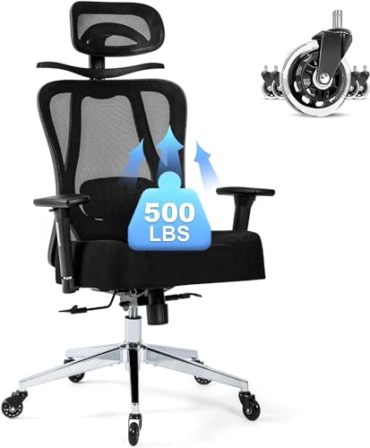 Office Chair 500lbs Ergonomic Mesh Desk Chair for Heavy People, Heavy Duty Big and Tall Office Chair with Wide Thick Seat Cushion, 3D Armrest, Adjustable Headrest & Lumbar Support Computer Chair