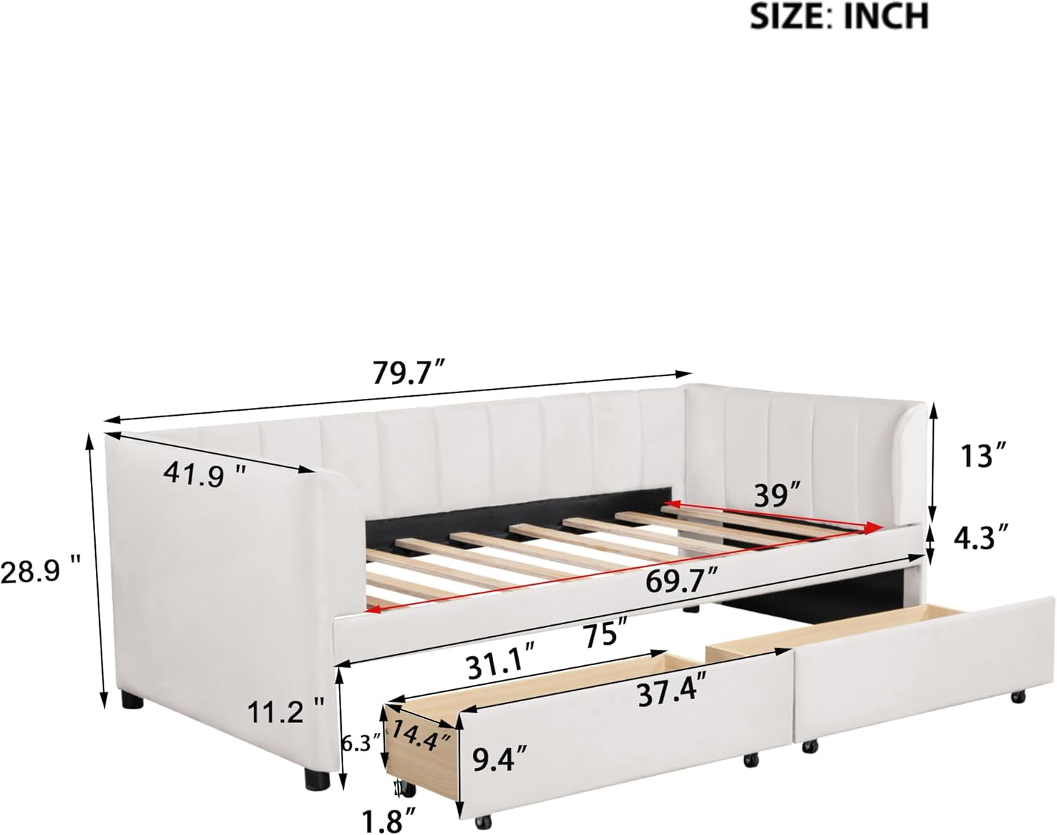MERITLINE Upholstered Daybed, Twin Size Velvet Sofa Bed with 2 Drawers and Ergonomic Design Backrest for Bedroom, Wood Slat Support, No Box Spring Needed, Easy Assembly（Beige）
