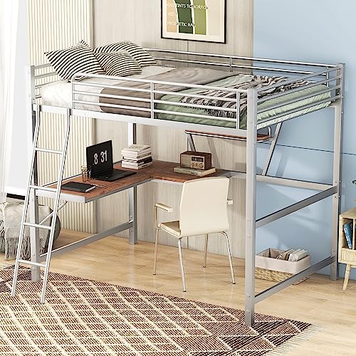 Twin Size Metal Loft Bed Frame with Wooden Desk and Shelf, Loft Bed Twin Size with Ladder and Full-length Guardrails, No Box Spring Required, Black