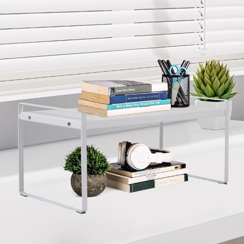 Office Desktop Shelf Organizer, Natural Wooden Desktop Organizer Shelf, White Metal Frame Desk Shelf, Cute Dresser Top Organization Storage Rack, Small Display Organizer Shelf for Office, Home