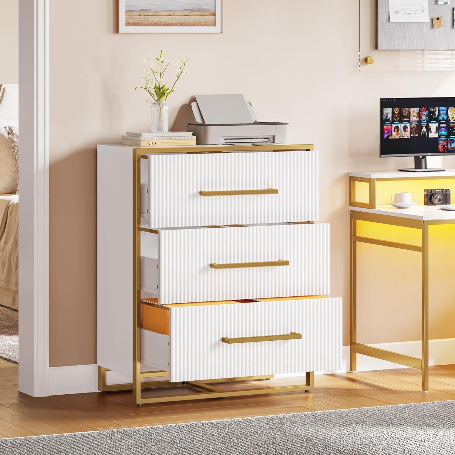 File Cabinet Lateral Filing Cabinets for Home Office with 3 Drawers Gold Frame White Modern Contemporary Wood