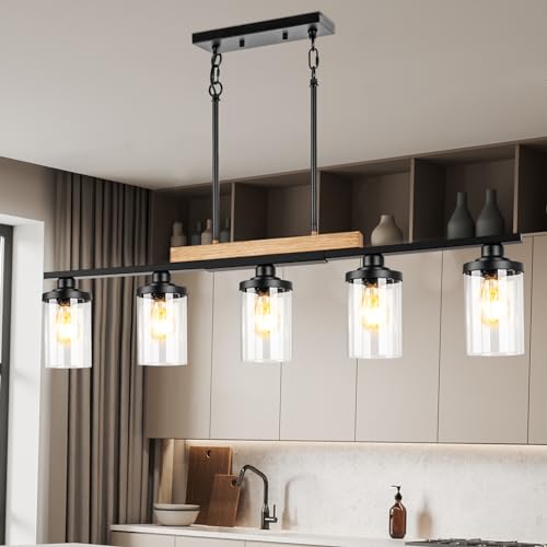 5-Light Kitchen Island Lighting, Farmhouse Dining Room Chandelier over Table, Modern Pendant Light Fixture with Adjustable Height, Large Black Ceiling Light for Dining Table Sloped Ceiling Compatible