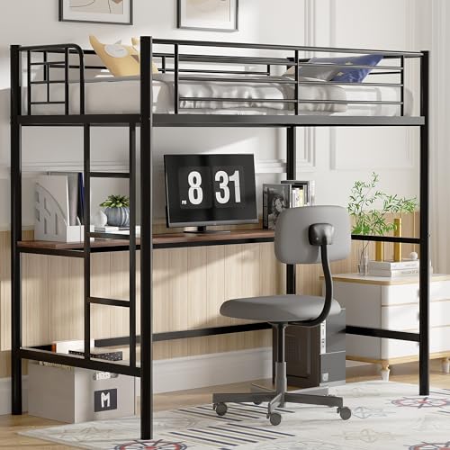 VECELO Loft Bed Twin Size with Desk, Metal Bedframe with Removable Ladder and Safety Guardrail, No Box Spring Needed, Space Saving, Noise Free, Black