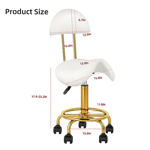 Saddle Chair Rolling Swivel Chair with Soft Comfortable Cushion and Wheels Hydraulic Stool for Home Office Tattoo Salon Shop Use White with Backrest