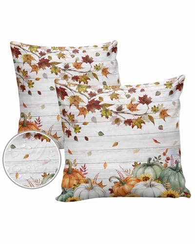 Outdoor Pillow Covers Waterproof, Thanksgiving Maple Throw Pillowcase Decorative Cover, Farmhouse Fall Pumpkins Wooden Garden Cushion Case Set of 2 for Sofa, Couch, Tent, Patio, 18