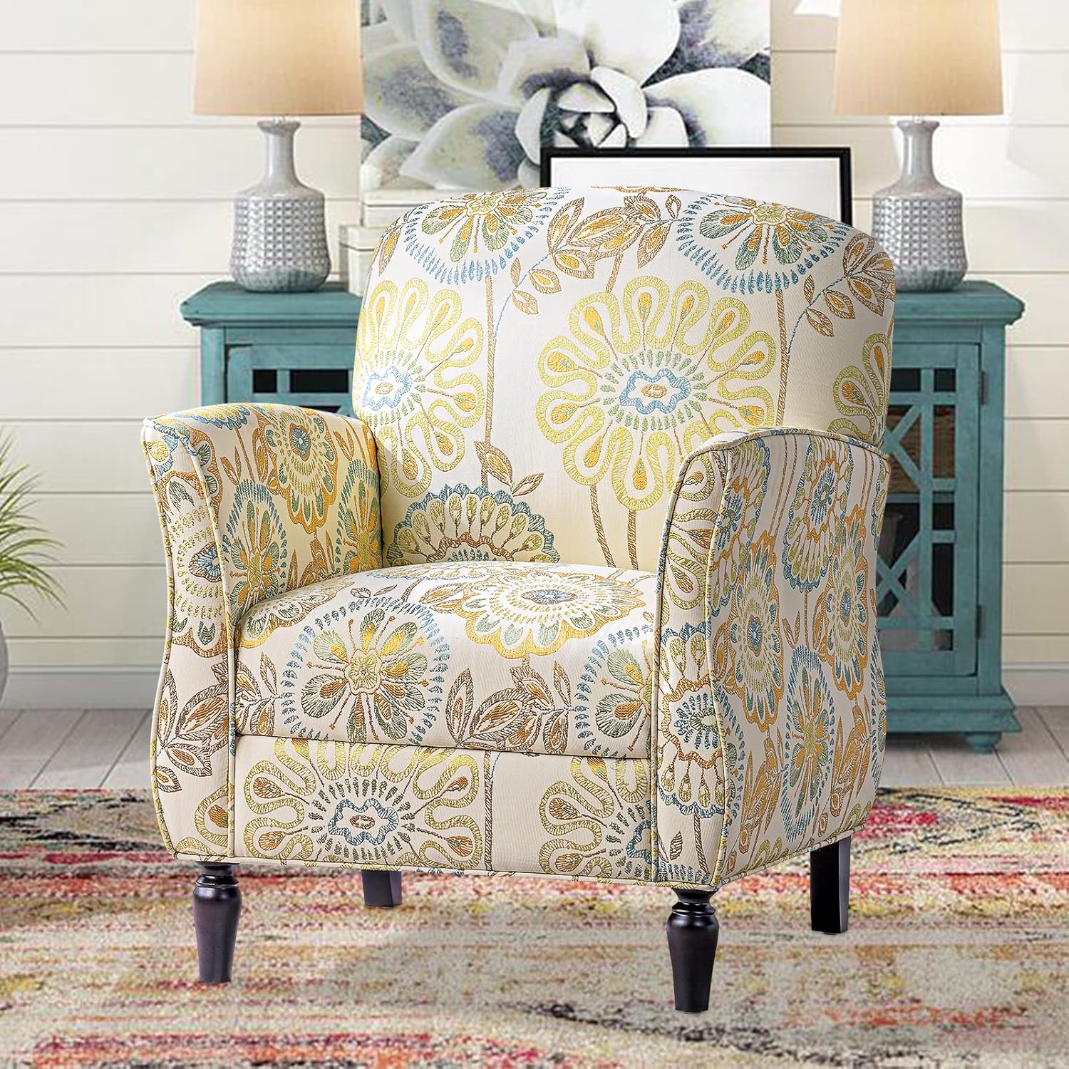 Fabric Floral Accent Chair Club Chair, Modern Living Room Chairs, Comfy Upholstered Reading Chair for Bedroom, Single Sofa, Wingback Chair