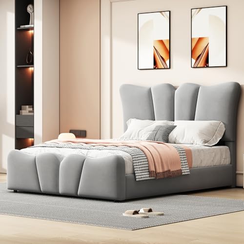Full Size Bed Frame Platform Bed Velvet Bed Frames Fabric Upholstered Headboard and Wooden Slats Support for Bedroom Girls, Boys Bed Frame, No Box Spring Needed, Non-Slip - Gray Bed Frame
