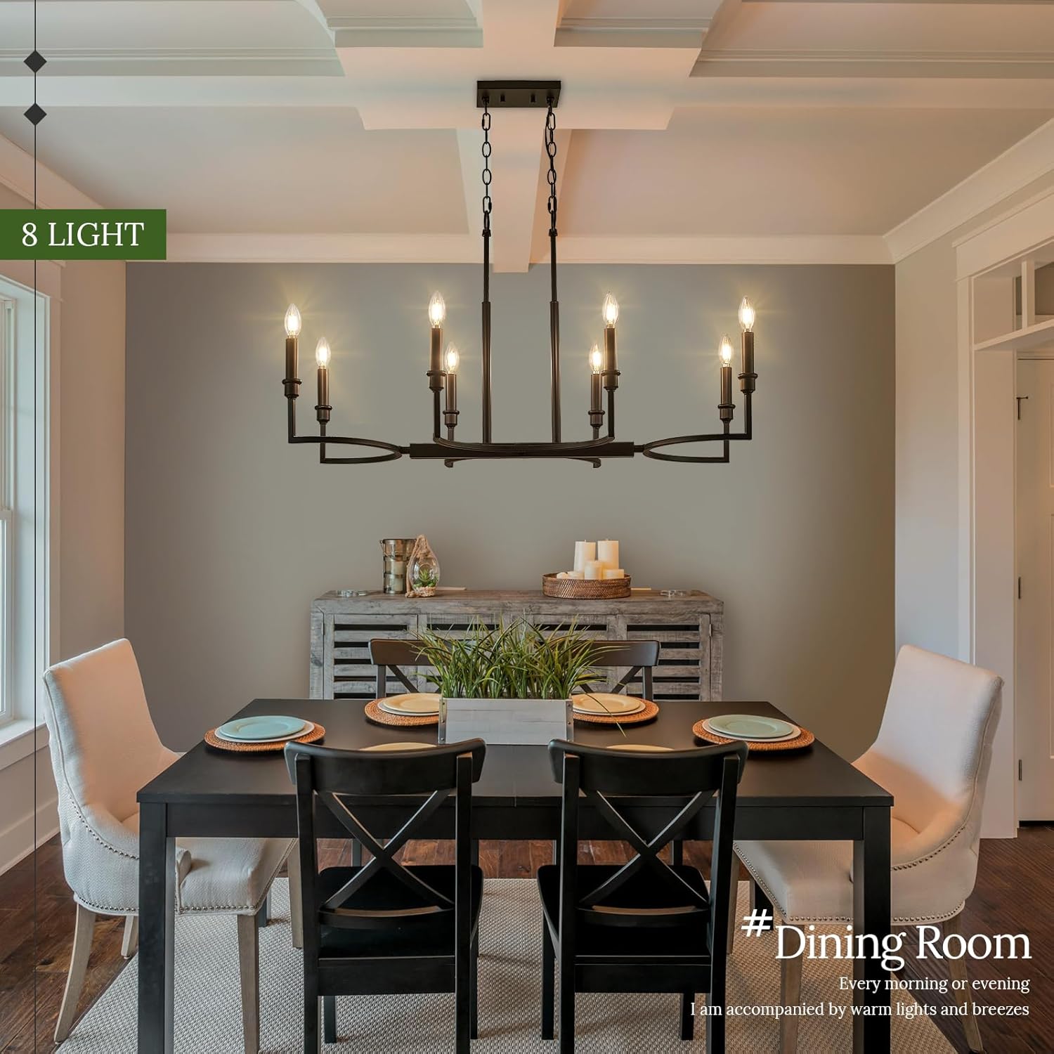 Dining Room Chandelier Over Table, 8-Light Black Kitchen Island Lighting Metal Candle Chandelier Light Fixture Retro Black Island Light Farmhouse 37in
