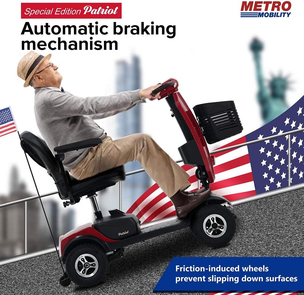 Metro Mobility 4 Wheel Powered Mobility Scooters for Seniors - 300 lbs Capacity Electric Scooter with Seat for Adults, Travel - Long Range Power Extended Battery & USB Charging Port - Red