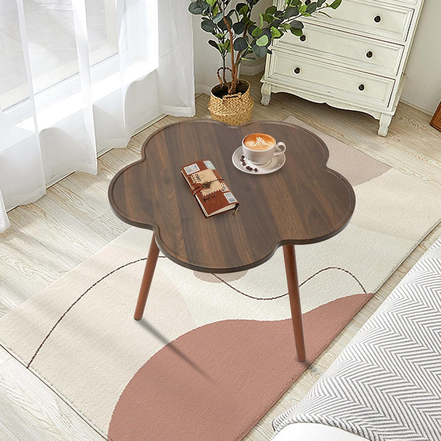 Freestanding End Table, Flower Shaped Coffee Table with Wood Legs Walnut Color Side Table with Large Capacity Space Saving for Home Living Room Bedroom Office