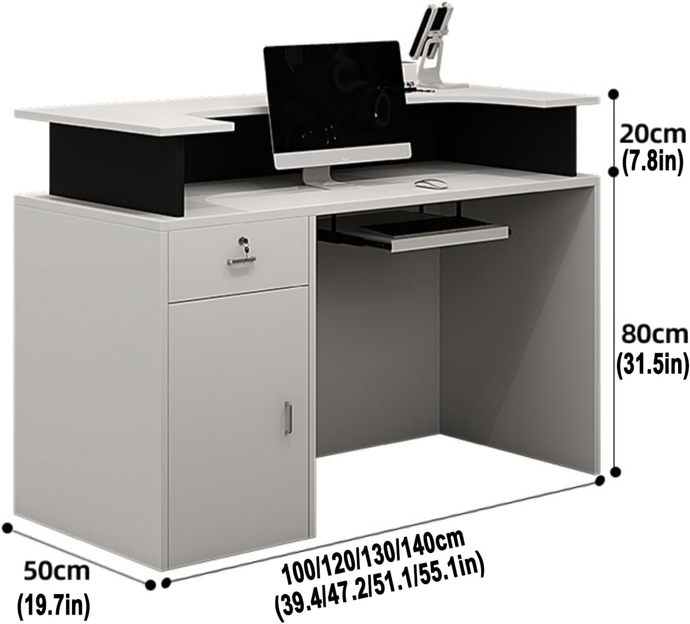 Square front office reception desk, standing reception counter with LED lights, retail reception counter with counter, compact wooden computer desk reception table, multifunctional standing front desk