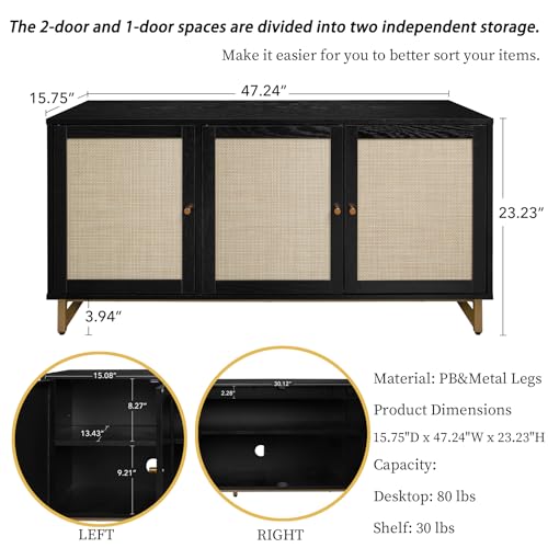 Rattan Buffet Cabinet with Storage-Wood Accent Sideboard with 3 Natural Rattan Doors,Adjustable Interior Shelves Console Table with Metal Frame for Living Room,Hallway,Entryway (Natural)