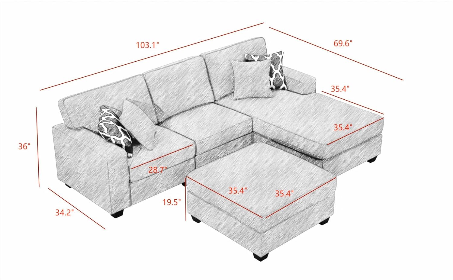 103'' Reversible Modular Sofa Couche with Ottoman Sectional, Dark Grey
