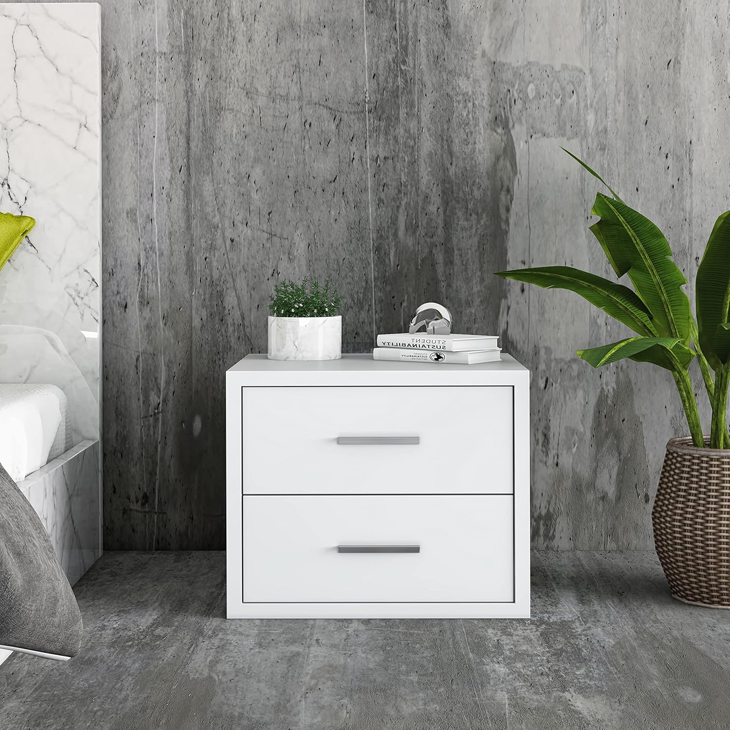 Seut Collection Modern Bedroom High Gloss Nightstand with 2 Soft Close Drawers and Brushed Metal Handles, White