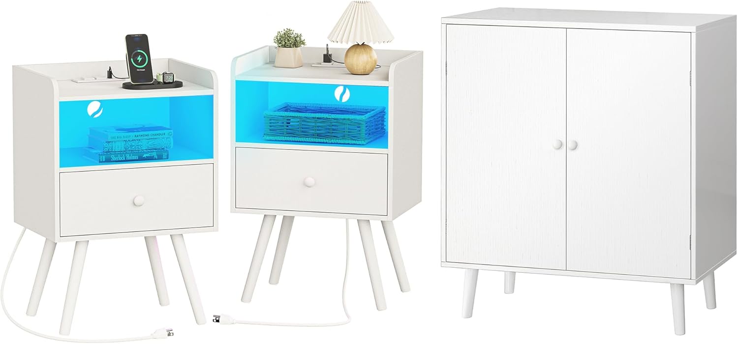 Nightstand with Charging Station and LED Lights and Drawer, Bed Side Tables Set of 2, Buffet Cabinet with Storage, Storage Cabinet with 2 Doors, White