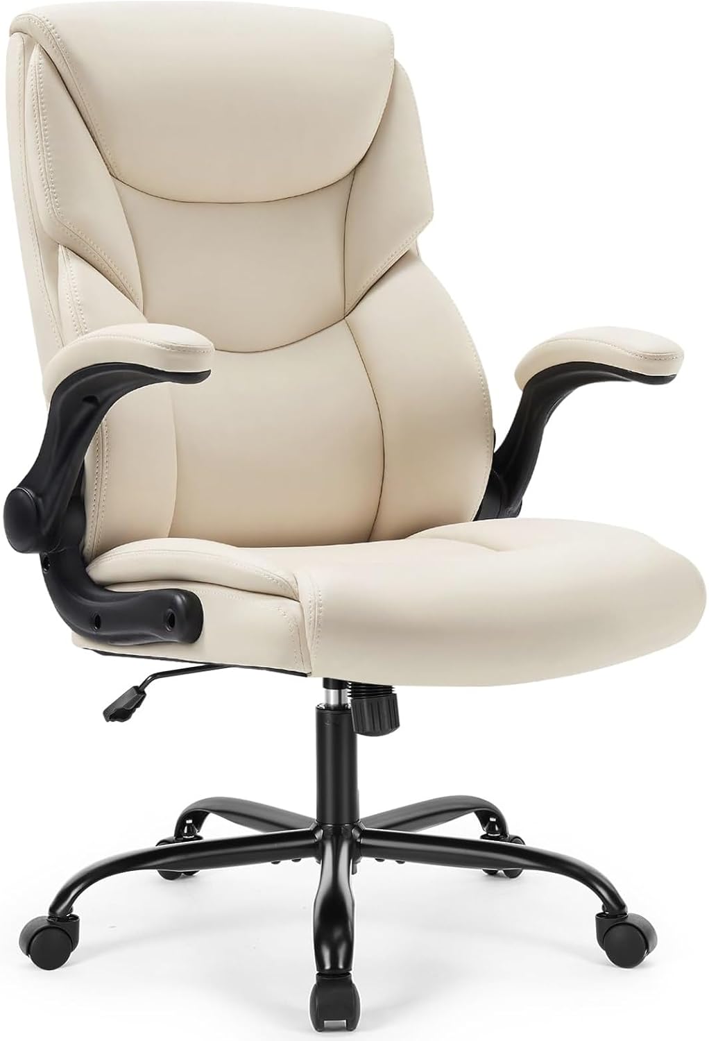 Computer Gaming Chair, Ergonomic Office Chair with Flip Up Armrests, PU Leather, Adjustable Swivel Rolling Chair with Wheels, Cream