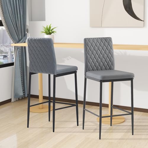 Modern Simple Bar Stools Set of 2, Fireproof Leather Counter Stools with Black Metal Legs and Backrest Armless Dining Chairs for Kitchen Pub Living Room, Dark Grey