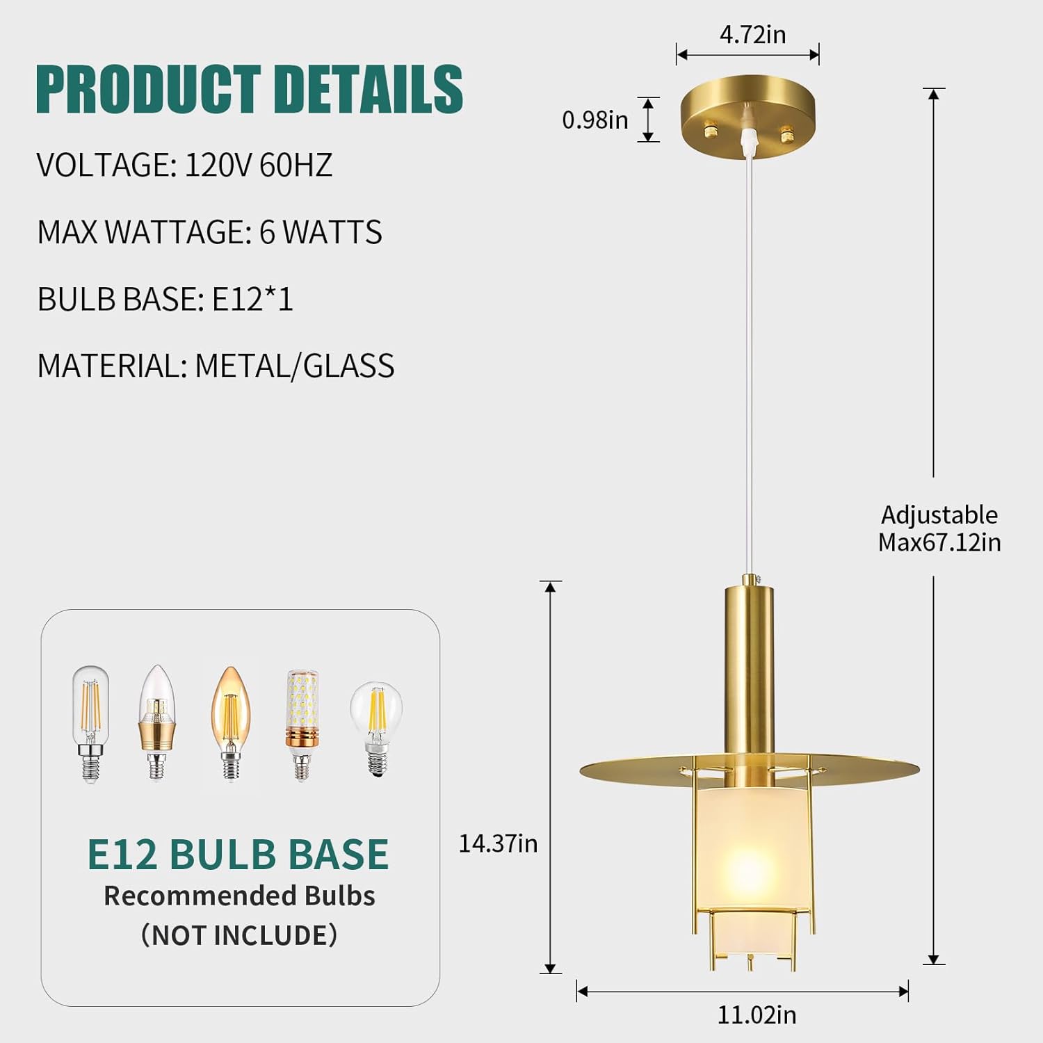 Pendant Light Fixtures Gold Adjustable Modern Pendant Lights for Kitchen Island, Industrial Glass Pendant Lights for Dining Table Hallway Bedroom Living Room