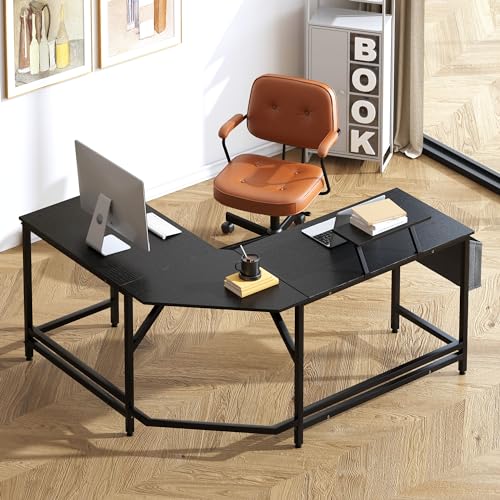 SogesHome Corner Computer Desk, Large L Desk for Home Office Multifunctional PC Gaming Table, Workstation with Side Pocket and Monitor Stand, Vintage Brown