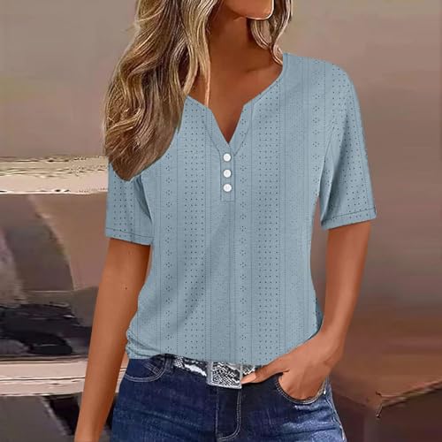Shirts for Women Trendy Summer Eyelet Embroidery Tops Button Down V Neck Blosues Casual Short Sleeve Tunic