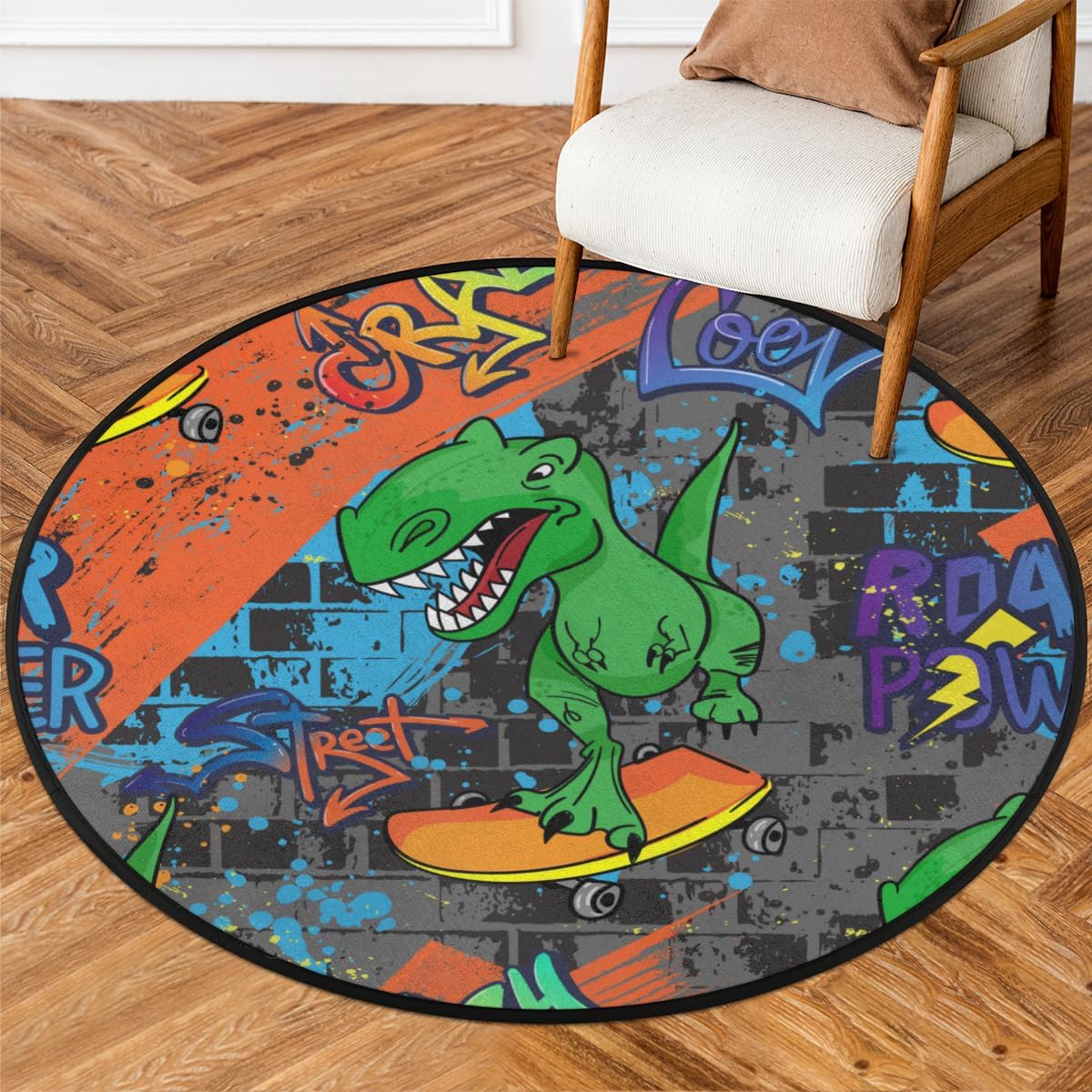 3 Ft Dinosaur Skateboard Round Desk Chair Mat Non-Slip Soft Desk Floor Mat Washable Floor Mat for Office Living Room Bedrooms Laundry Room Foyer Doorway