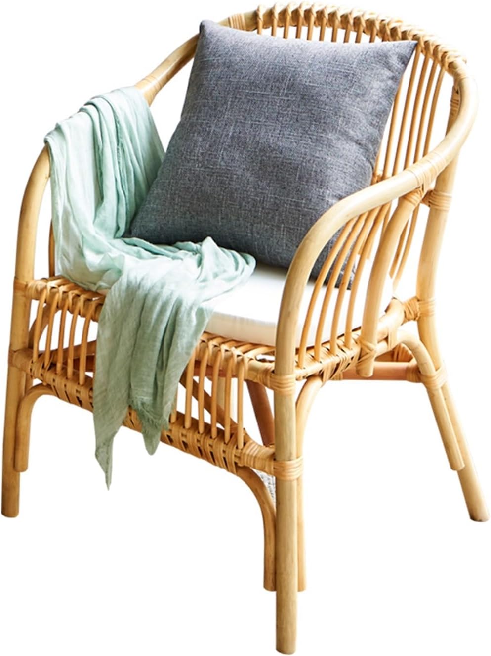 Rattan Chair Natural Rattan Cushion Accent Chair, Rattan Decorative Chair with Armrests, Leisure Armchair for Living Room Bedroom Balcony Patio Wicker Chair
