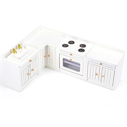 SAMCAMI Wooden Dollhouse Furniture Set - Miniature Dollhouse Furniture 1 12 Scale for Dollhouse Kitchen - Doll House Furniture Toys Incl Kitchen Cabinets, Dining Table, Refrigerator and Others (Pink)