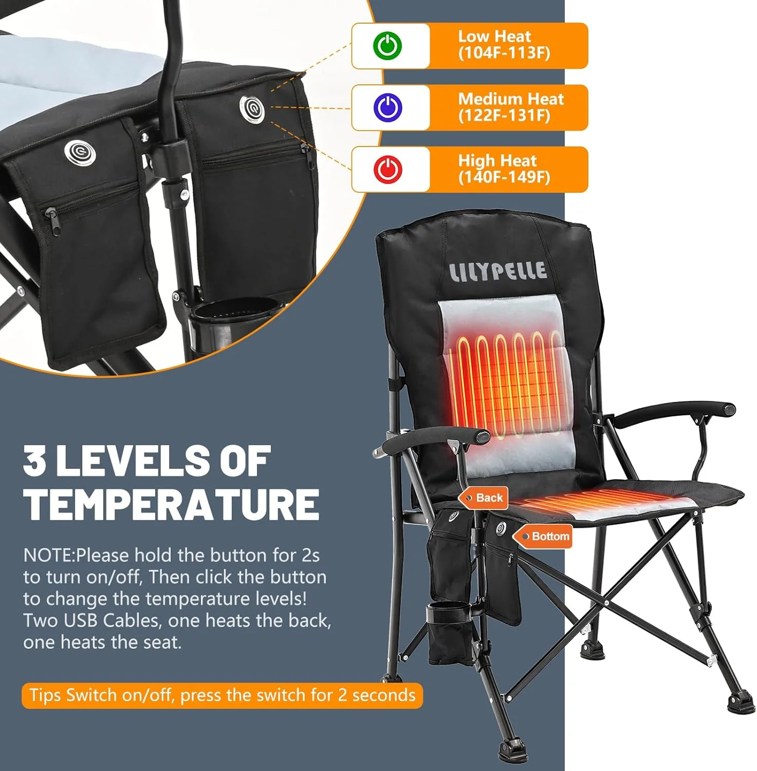 ABORON Heated Camping Chairs, Fully Padded Heavy Duty Folding Chairs for Outside, Supports 400 lbs, Portable Outdoor Camp Chairs for Sport Events, Concert, Beach