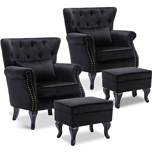 Accent Reading Arm Chairs Set of 2 for Living Room Bedroom, Midcentury Modern Comfy Corner Sofa Chair, Wingback Waiting Room Club Chair with Button Tufted Back &Lumbar Pillow, Velvet Teal