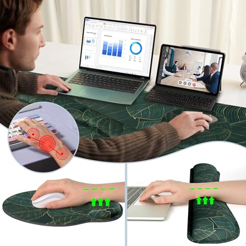 G JGOO 4 in 1 Gaming Mouse Pad Wrist Rest Set, Desk Pad + Mouse Pad with Wrist Rest + Memory Foam Keyboard Pad + Coaster, Ergonomic Design for Home Office Study Gaming, Green Leaves