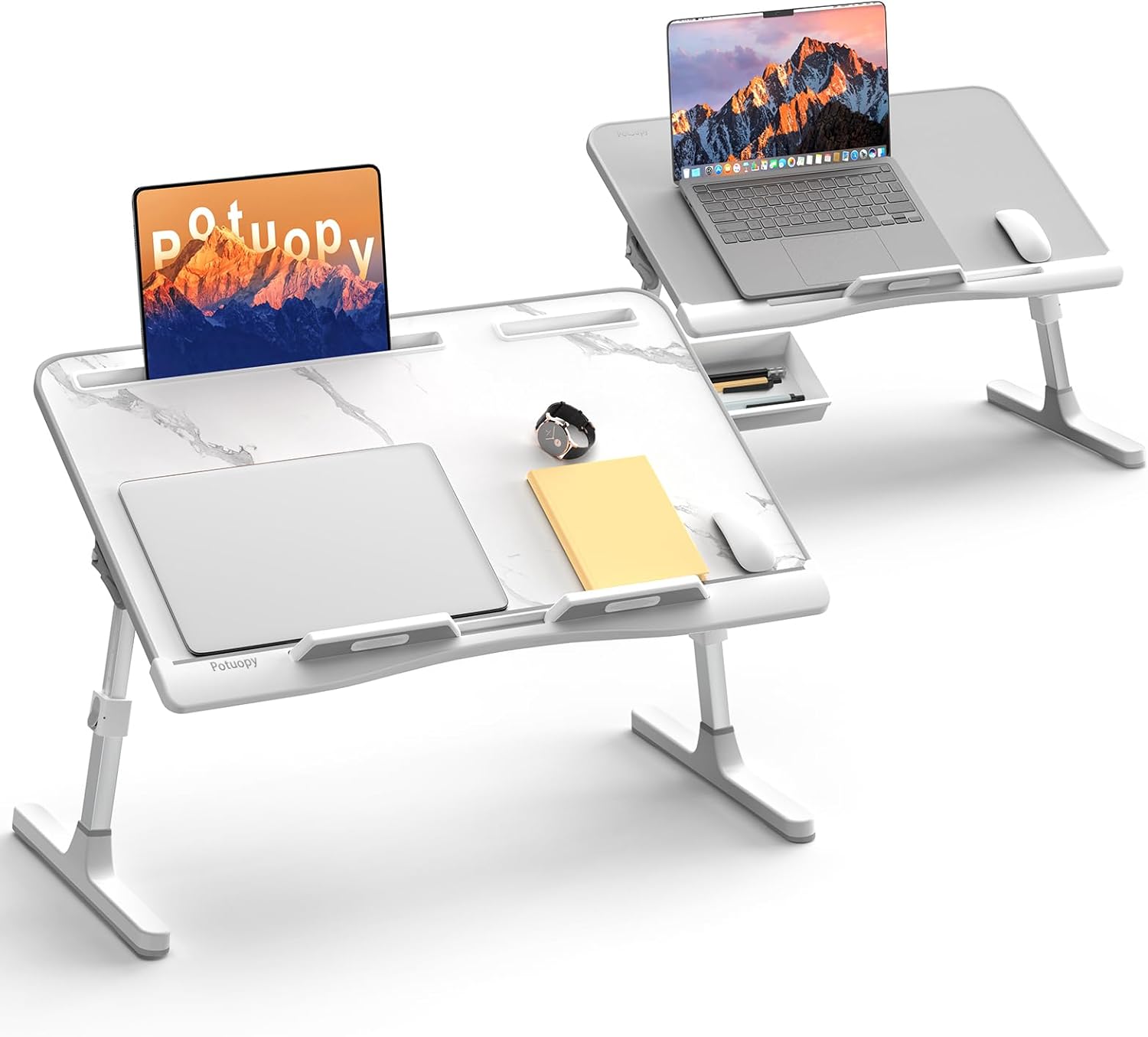 Laptop Bed Desk, Potuopy Adjustable Folding Lap Desk Tray, Stable Bed Table Tray with Drawer on Couch Floor Bed for Eating Writing Drawing Working, X-Large Marble and Large Grey