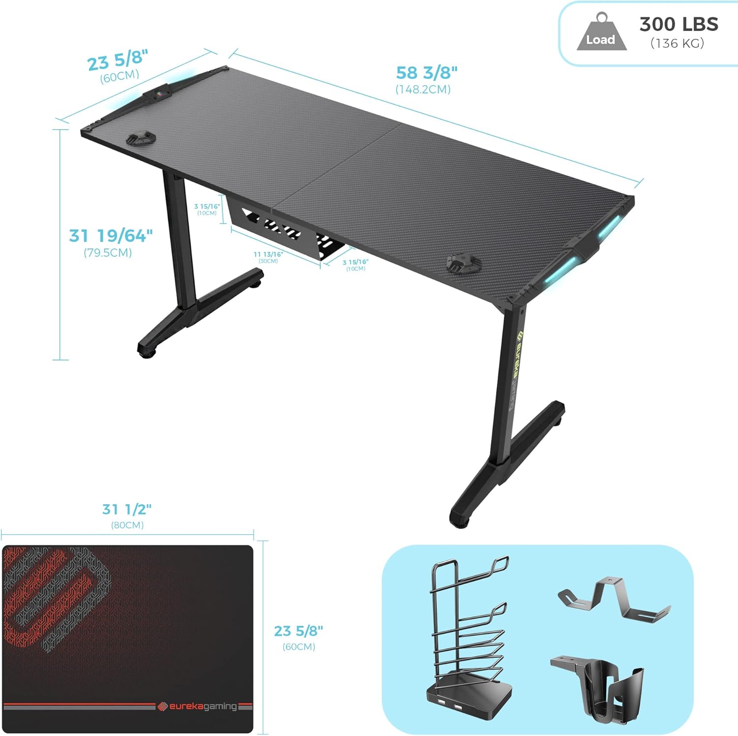 EUREKA ERGONOMIC Gaming Desk 55in, Home Computer Gaming Deskwith RGB Light Office Workstation, Black