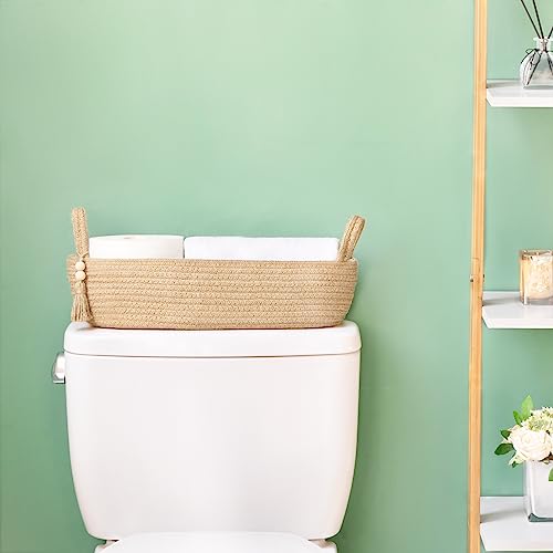 Mkono Small Storage Basket for Toilet Tank Top Boho Bathroom Decor Woven Rope Toilet Paper Tray Back of Toilet Organizer for Shelf Bedroom Living Room, White, 1 Pack, 13