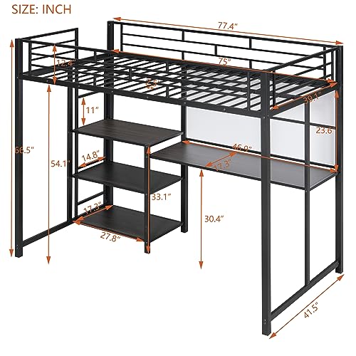 Twin Loft Bed with Desk and Storage Shelf, Heavy Duty Loft Bed with Ladder and Guardrail, Twin Loft Bed for Kids, Teens, Adults, Twin Loft Bed Black